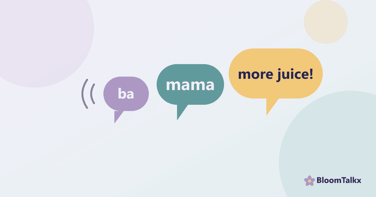 Illustration of three growing speech bubbles from the word ba to more juice, showing a child's speech developing — BloomTalkx guide to speech delay