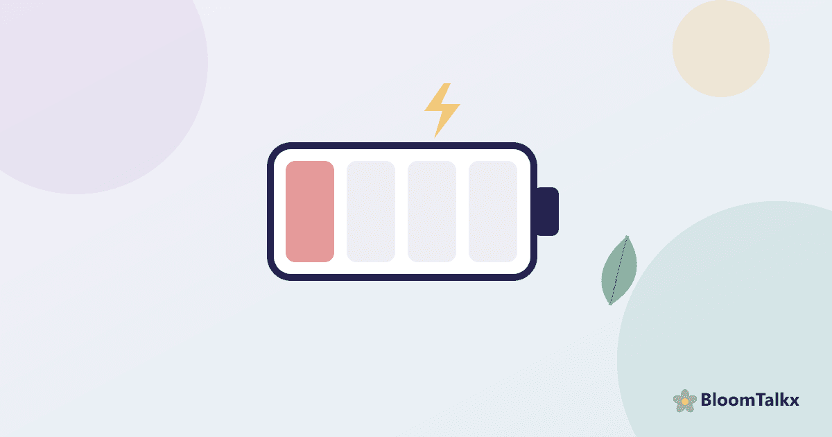 Illustration of a nearly empty battery with a small green leaf growing beside it, representing burnout and recovery — BloomTalkx