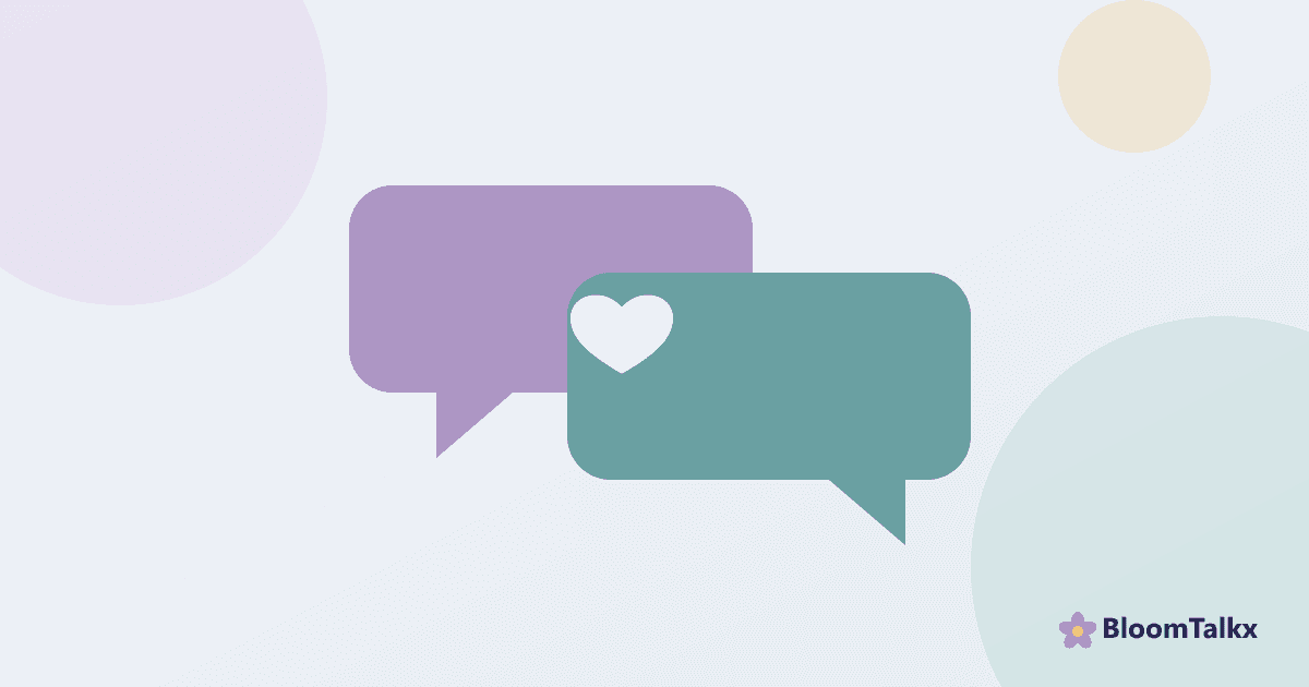Illustration of two overlapping speech bubbles with a heart, representing couples therapy β BloomTalkx guide