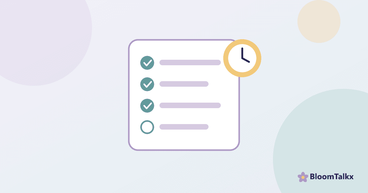 Illustration of a checklist and a clock for preparing for a first therapy session β BloomTalkx